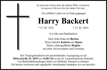 Traueranzeige von Harry Backert von Neue Presse Coburg