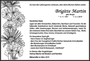 Traueranzeige von Brigitte Martin von Südthüringer Presse