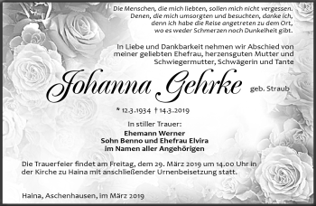 Traueranzeige von Johanna Gehrke von Südthüringer Presse
