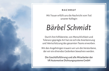 Traueranzeige von Bärbel Schmidt von Südthüringer Presse