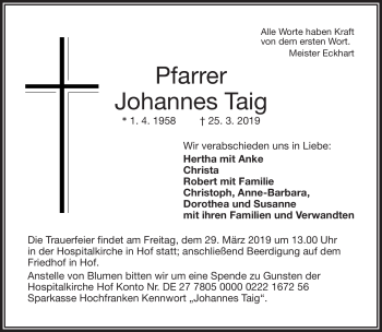 Traueranzeige von Johannes Taig von Frankenpost