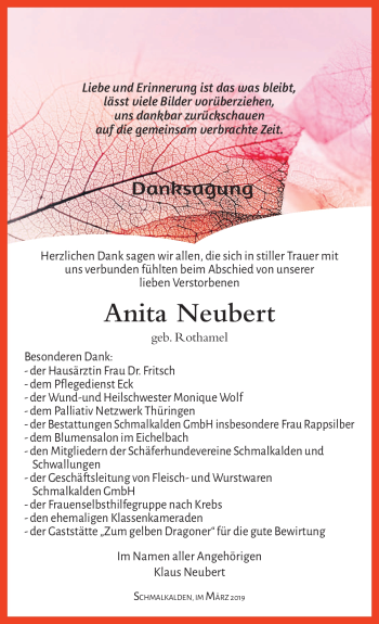 Traueranzeige von Anita Neubert von Südthüringer Presse