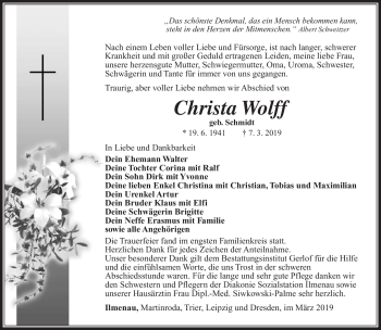 Traueranzeige von Christa Wolff von Südthüringer Presse