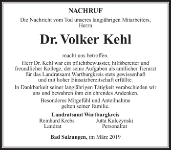 Traueranzeige von Volker Kehl von Südthüringer Presse