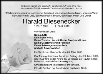 Traueranzeige von Harald Biesenecker von Neue Presse Coburg