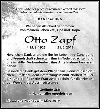 Traueranzeige von Otto Zapf von Südthüringer Presse