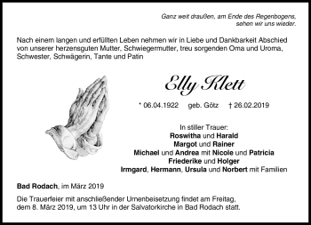 Traueranzeige von Elly Klett von Neue Presse Coburg