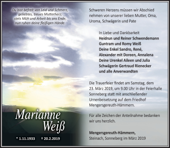 Traueranzeige von Marianne Weiß von Südthüringer Presse