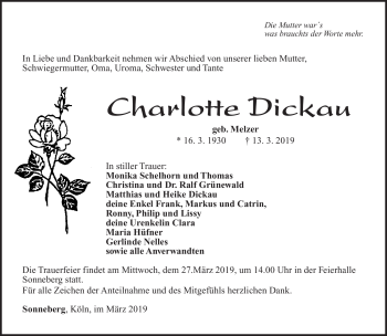 Traueranzeige von Charlotte Dickau von Südthüringer Presse
