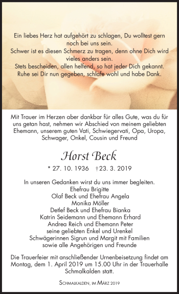 Traueranzeige von Horst Beck von Südthüringer Presse