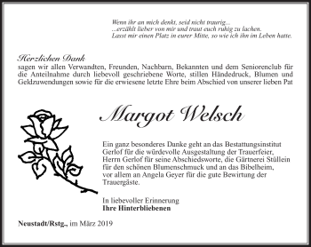 Traueranzeige von Margot Welsch von Südthüringer Presse