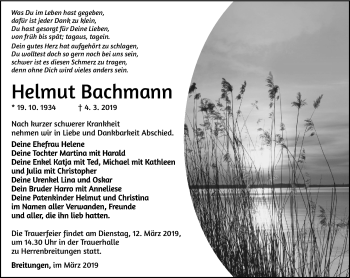Traueranzeige von Helmut Bachmann von Südthüringer Presse
