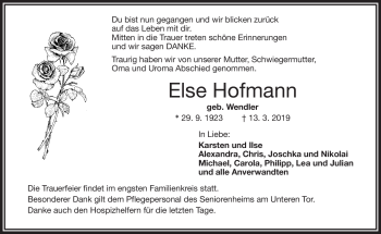 Traueranzeige von Else Hofmann von Frankenpost