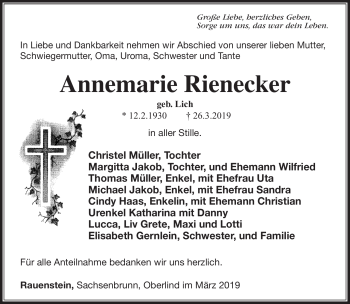 Traueranzeige von Annemarie Rienecker von Südthüringer Presse