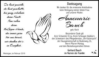 Traueranzeige von Annemarie Bauch von Südthüringer Presse