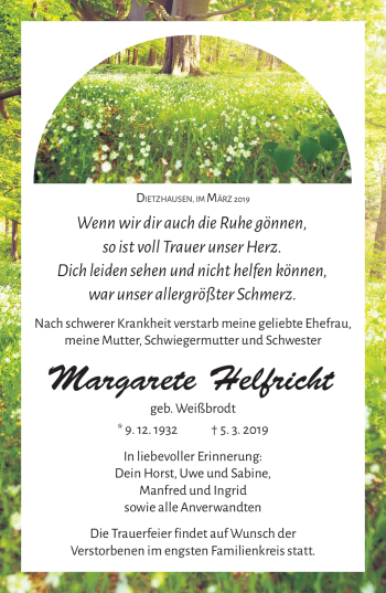 Traueranzeige von Margarete Helfricht von Südthüringer Presse
