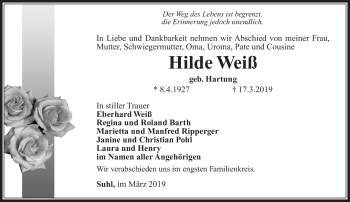 Traueranzeige von Hilde Weiß von Südthüringer Presse
