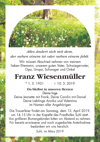 Traueranzeige von Franz Wiesenmüller von Südthüringer Presse