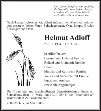 Traueranzeige von Helmut Adloff von Südthüringer Presse