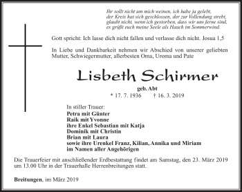 Traueranzeige von Lisbeth Schirmer von Südthüringer Presse