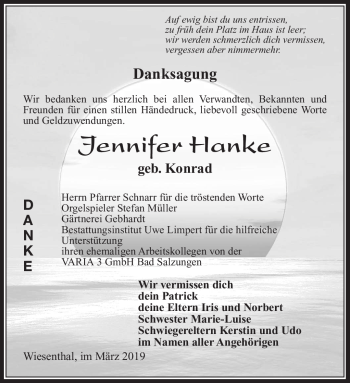 Traueranzeige von Jennifer Hanke von Südthüringer Presse
