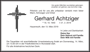 Traueranzeige von Gerhard Achtziger von Frankenpost