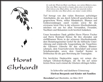 Traueranzeige von Horst Erhardt von Südthüringer Presse