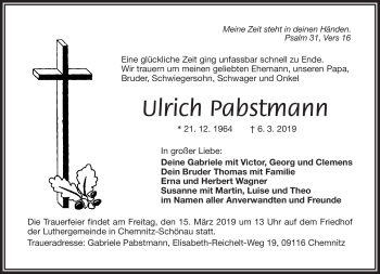 Traueranzeige von Ulrich Pabstmann von Frankenpost