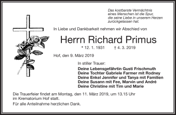 Traueranzeige von Richard Primus von Frankenpost