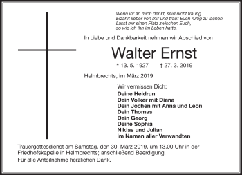 Traueranzeige von Walter Ernst von Frankenpost