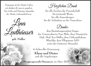 Traueranzeige von Lina Leuthäuser von Südthüringer Presse