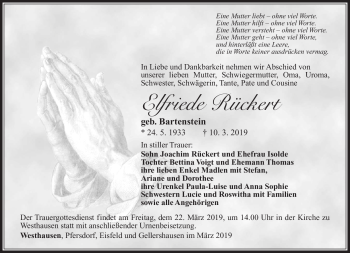 Traueranzeige von Elfriede Rückert von Südthüringer Presse