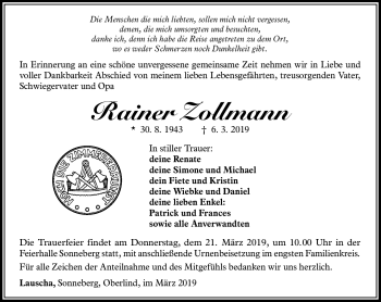 Traueranzeige von Rainer Zollmann von Südthüringer Presse