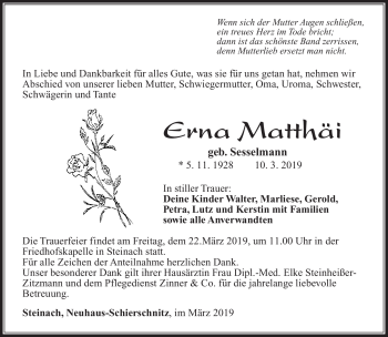 Traueranzeige von Erna Matthäi von Südthüringer Presse