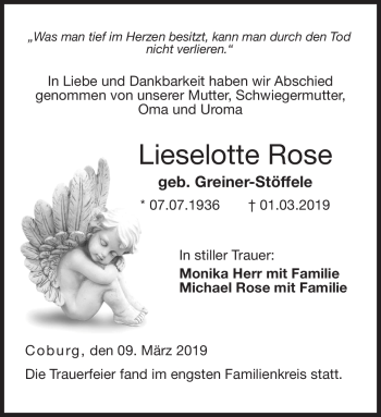Traueranzeige von Lieselotte Rose von Neue Presse Coburg