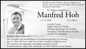 Traueranzeige von Manfred Hoh von Neue Presse Coburg