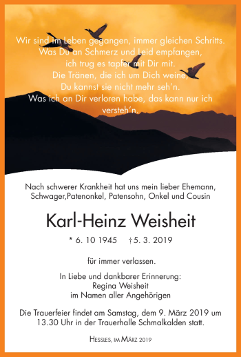 Traueranzeige von Karl-Heinz Weisheit von Südthüringer Presse