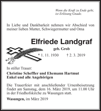 Traueranzeige von Elfriede Landgraf von Südthüringer Presse
