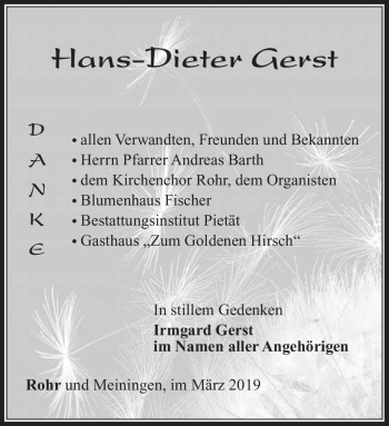 Traueranzeige von Hans-Dieter Gerst von Südthüringer Presse