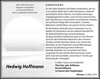 Traueranzeige von Hedwig Hoffmann von Südthüringer Presse