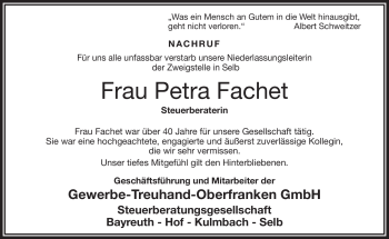 Traueranzeige von Petra Fachet von Frankenpost