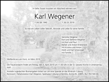 Traueranzeige von Karl Wegener von Neue Presse Coburg