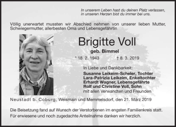 Traueranzeige von Brigitte Voll von Neue Presse Coburg