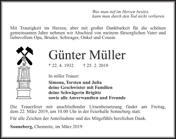 Traueranzeige von Günter Müller von Südthüringer Presse