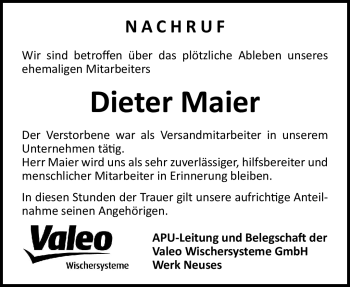 Traueranzeige von Dieter Maier von Neue Presse Coburg