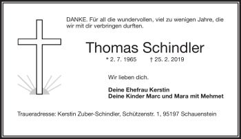Traueranzeige von Thomas Schindler von Frankenpost