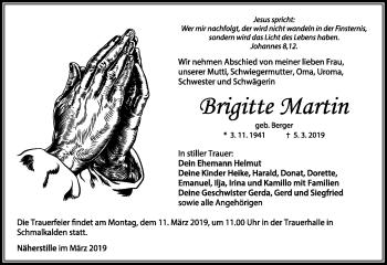 Traueranzeige von Brigitte Martin von Südthüringer Presse