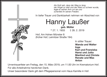Traueranzeige von Hanny Laußer von Frankenpost