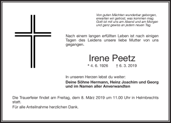 Traueranzeige von Irene Peetz von Frankenpost