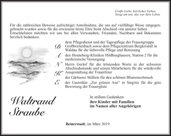 Traueranzeige von Waltraud Straube von Südthüringer Presse